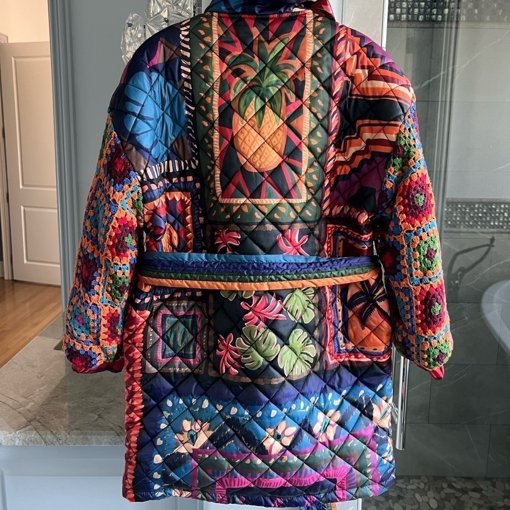 FARM RIO Patchwork Tapestry Crochet-Sleeve Puffer Jacket - Picture 7 of 14